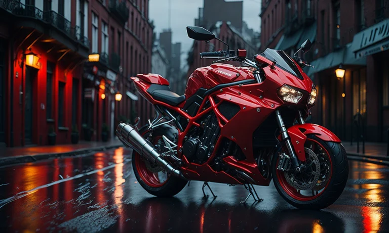 Red Sports Motorcycle In The Street, Day Time, Wet Weather,...