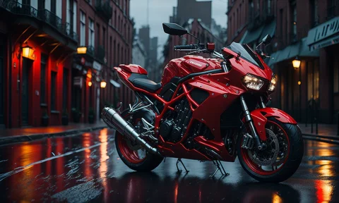 Red Sports Motorcycle In The Street, Day Time, Wet Weather,... — Stable Diffusion AI Prompt: red sports motorcycle in the street, day time, wet weather, filmic, happy lighti...