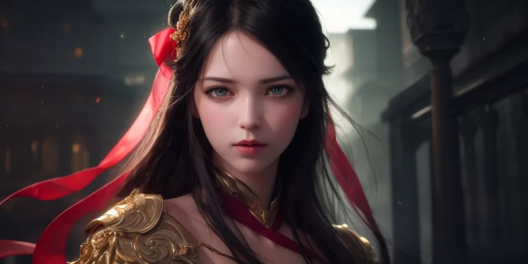 1girl, Oval Face,serious Expressions, A Red Silk Ribbon Cove...