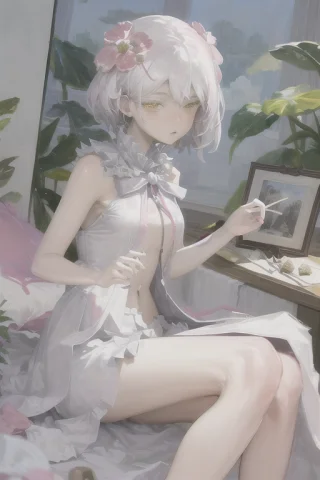 Lorakudouchitosev21 Loraxlimo7680.5 Masterpiece, Best Qualit... — Stable Diffusion AI Prompt: masterpiece, best quality, illustration, white hair, pink flower, yellow eyes