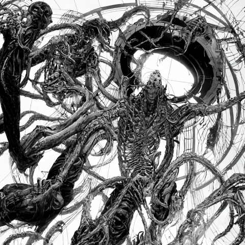 Lineart, Monochrome, Dread, Body Horror, Gothic, Horror, Sur... — Stable Diffusion AI Prompt: lineart, monochrome, dread, body horror, gothic, horror, surreal, terror, fear,...