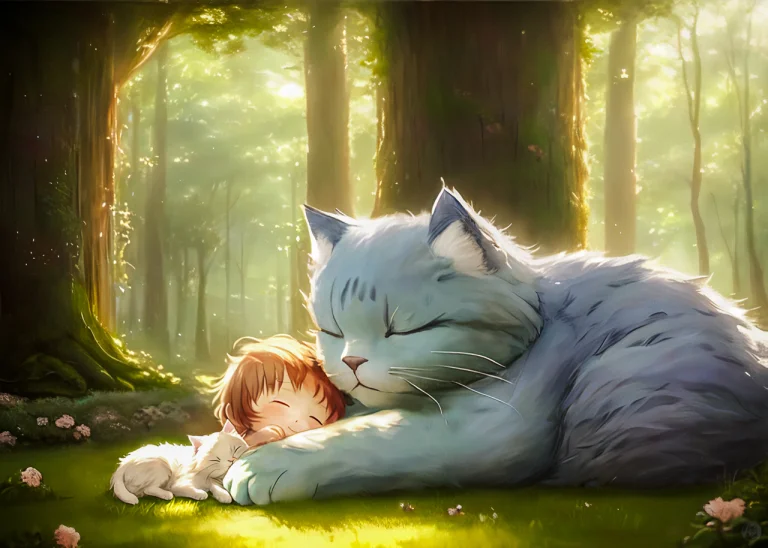 Block Ghibli Style Paint Depicting A Tiny Human And A Cat, U...