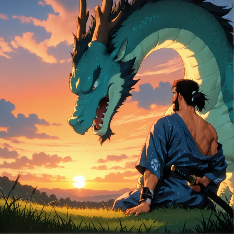 1boy, Samurai, Dragon, Sunset