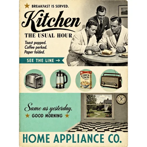 A Retro 1950s Mid-century Appliance Catalog Homepage Hero B... — Stable Diffusion AI Prompt: A retro 1950s mid-century appliance catalog homepage… Hero: “★ BREAKFAST IS SERV...