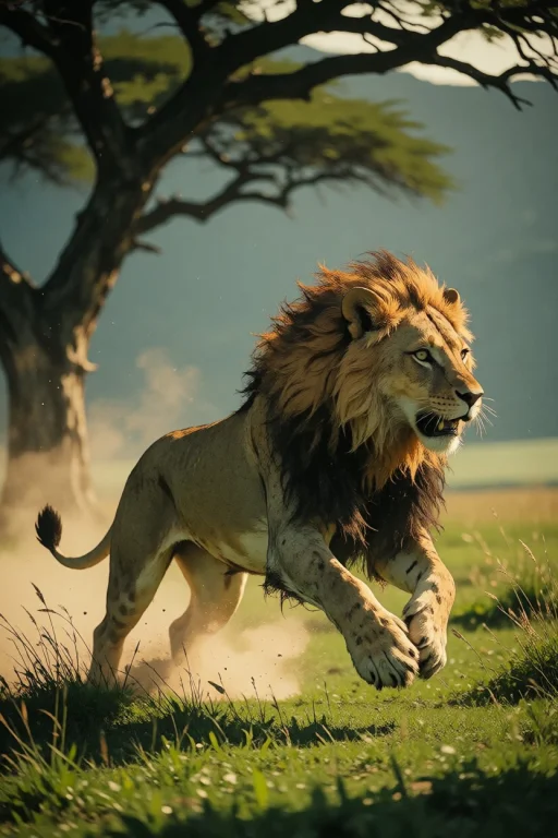 Nature, A Large Male Lion Charging Through Short Grass On Th...