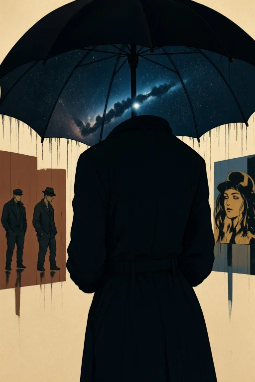 Mid-shot, A Woman Under A Black Umbrella That Reflects Galax...