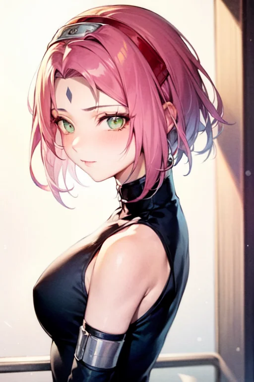 1girl, Looking At The Viewer, Short Hair, Green Eyes, Pink H...