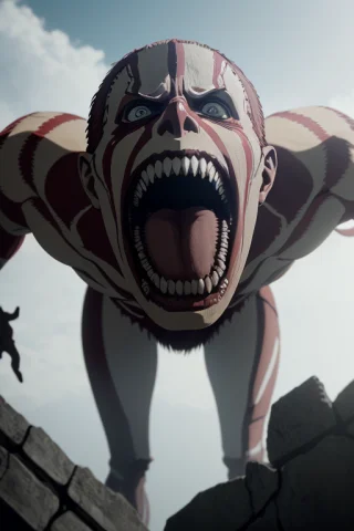 Super Closeup Shot Of Colossal Titanshingeki No Kyojin, Cine... — Stable Diffusion AI Prompt: super closeup shot of colossal titan\(Shingeki no Kyojin\), cinematic high angle...