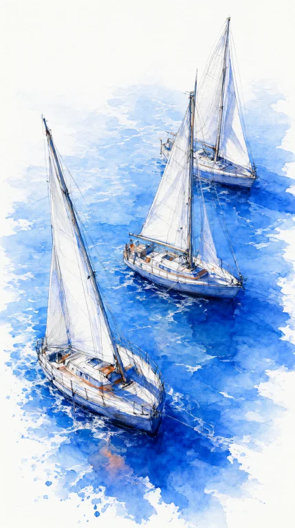 Three Sailboats Rendered In Wet-on-dry Watercolor Washes On...