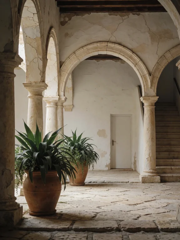 Bradhamel Art Style. A Serene, Sunlit Courtyard With A Serie...