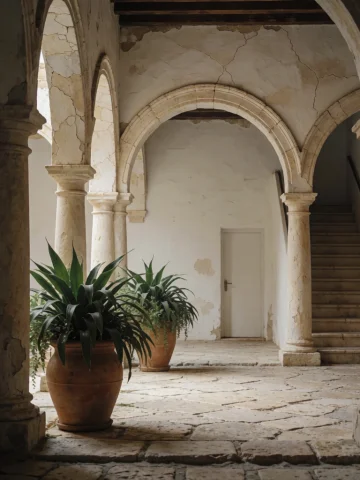 Bradhamel Art Style. A Serene, Sunlit Courtyard With A Serie... — Stable Diffusion AI Prompt: Bradhamel art style. A serene, sunlit courtyard with a series of elegant, weathe...