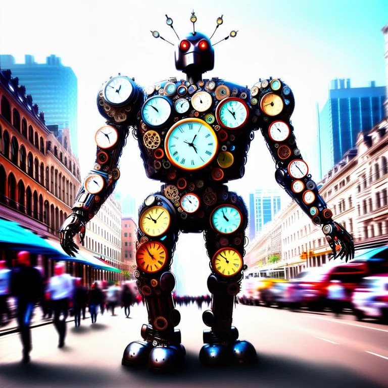 A Giant Robot Made Of Clocks, Walking Through A City