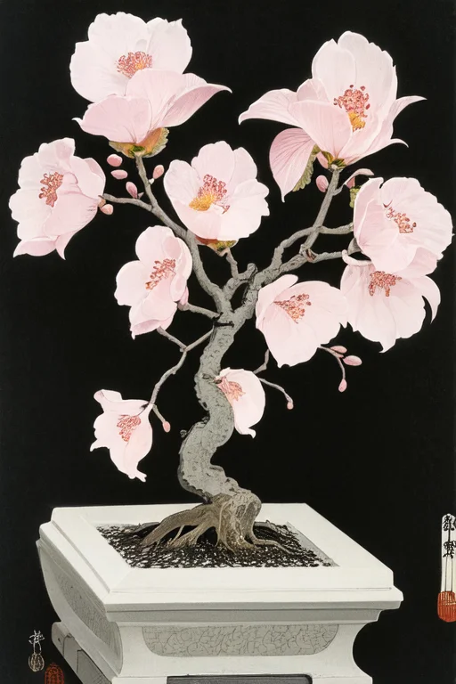 Ohara Koson, Black Background, Cherry Blossoms Tree, Bonsai,
