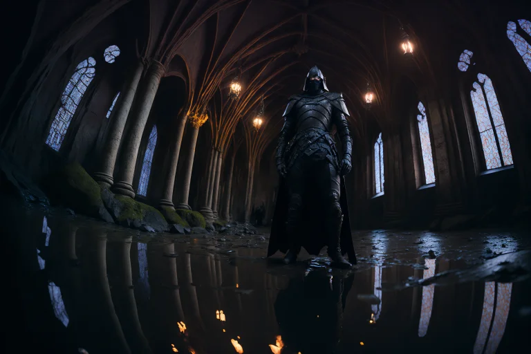 Fisheye Lens, Portrait Photo Of Medieval Knight Standing Ins...