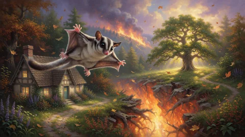 3d, Oil Painting, A Tiny Sugar Glider Leaps From The Roof Of... — Stable Diffusion AI Prompt: 3D, Oil Painting, A tiny sugar glider leaps from the roof of a collapsing woodla...