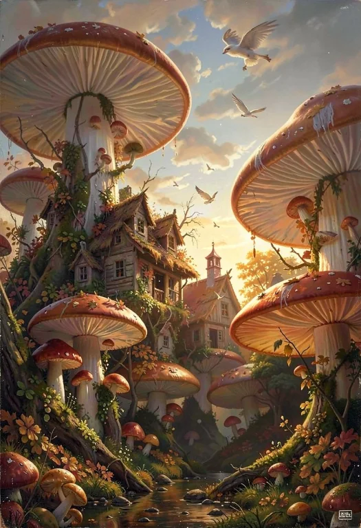 An Enchanted Village Built Among Giant Mushrooms, Classical...