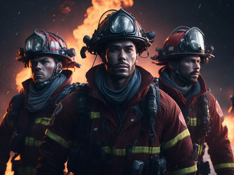 3man Firefighters Near The Fire Truck, Red Light From Flashi...