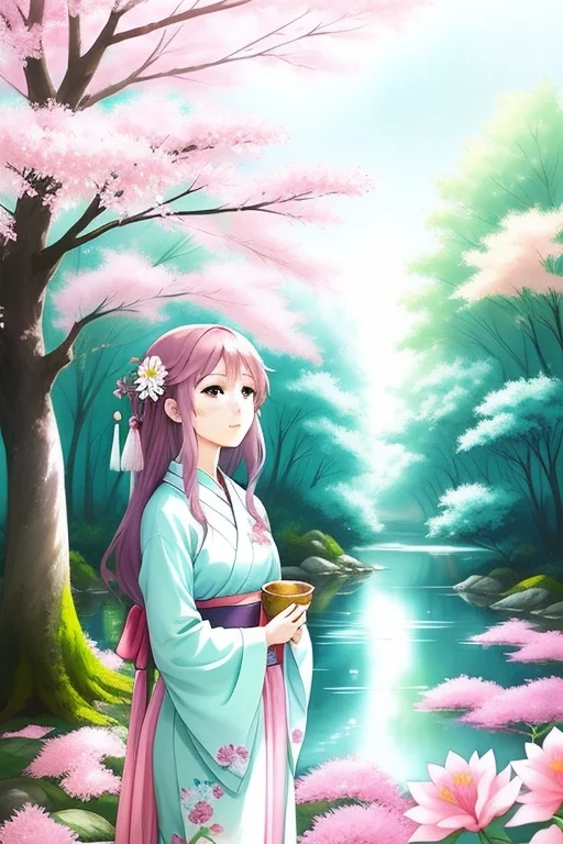 Women In A Japanese, Forest, Mystic, Beautiful, Calm, Flower...