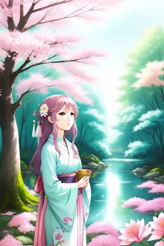 Women In A Japanese, Forest, Mystic, Beautiful, Calm, Flower... — Stable Diffusion AI Prompt: women in a japanese, forest, mystic, beautiful, calm, flowers, flowy, trees, chi...