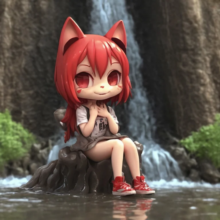 A 3d Chibi Anime Red Hair Cat Girl Sit On Teef Waterfall Mad...
