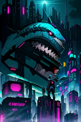 A Cyberpunk Shark Standing In Front Of Futuristic City — Stable Diffusion AI Prompt: A Cyberpunk Shark standing in front of futuristic city