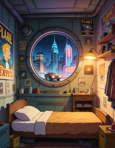 Fry B3dr00m Empty Background, No Humans, Fry Bedroom At Plan... — Stable Diffusion AI Prompt: Fry b3dr00m empty background, no humans, Fry bedroom at Planet Express building,...