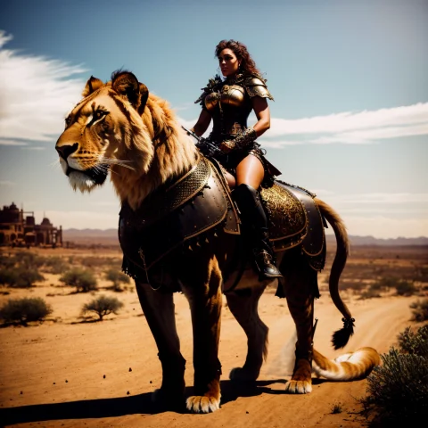 Full Body, 8k Photography Full Body View Woman In Steampunk... — Stable Diffusion AI Prompt: (full body), 8k photography full body view woman in steampunk armor riding a lio...