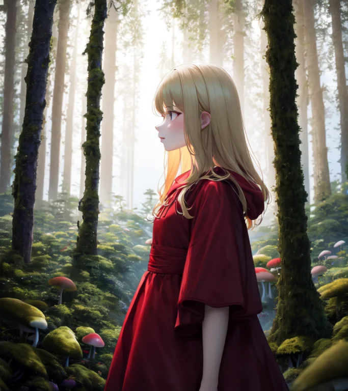 Highres, Best Quality, 1girl, Blonde Hair, Red Dress, Forest...