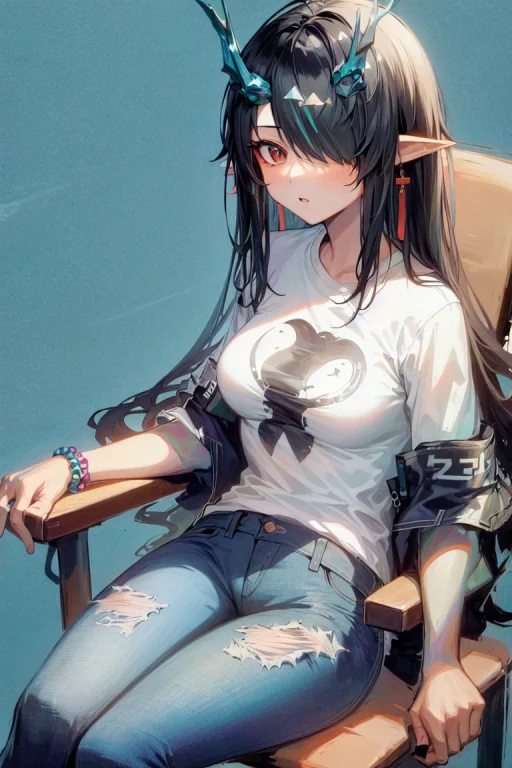 1girl ,cowboy Shot,jeans,t-shirt,sitting,cross Legs,chair,si...