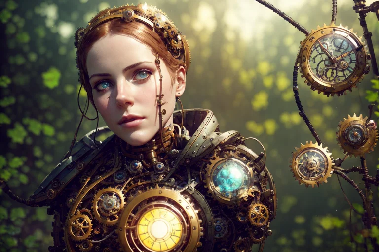 Steampunk, A Beautiful Girl Lying, Wearing Mechanical Gears1...