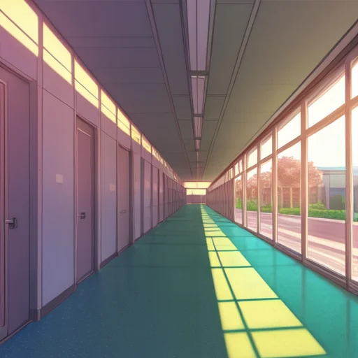 School Corridor, Anime Background, Dawn, Anime Style, Panora...