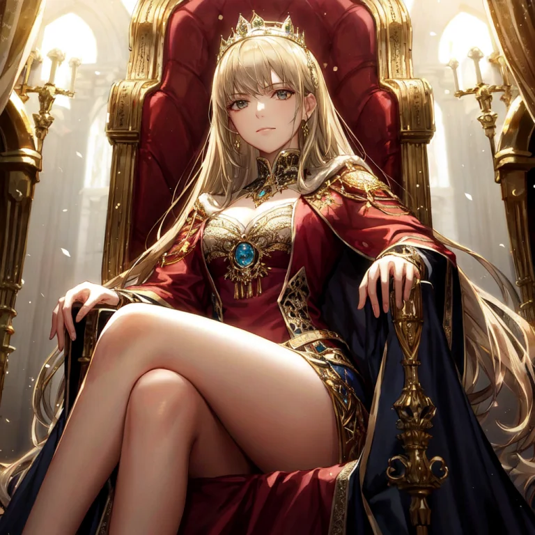 A Stern Looking Queen Wearing Royal Garments Sitting On An I...