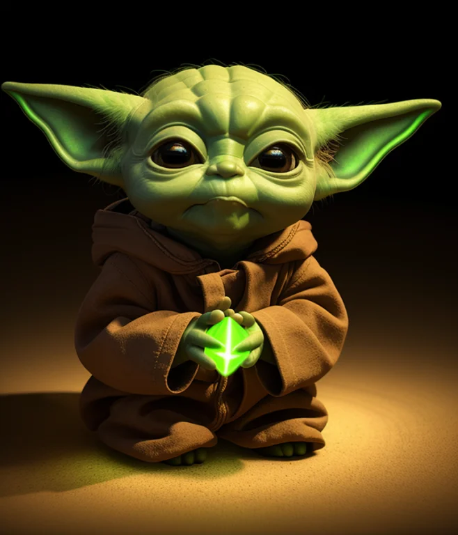 Baby Yoda Sitting In The Dark With A Single Spotlight On Him...