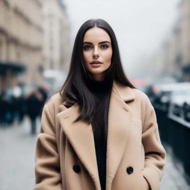Realistic Brunette Woman In A Black Coat In A Modern City, B...