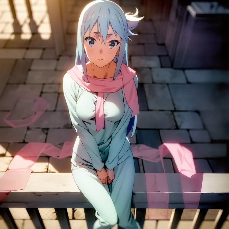 Aqua, Blue Pajamas, Leaning On Railing, Pink Scarf Mansion S...