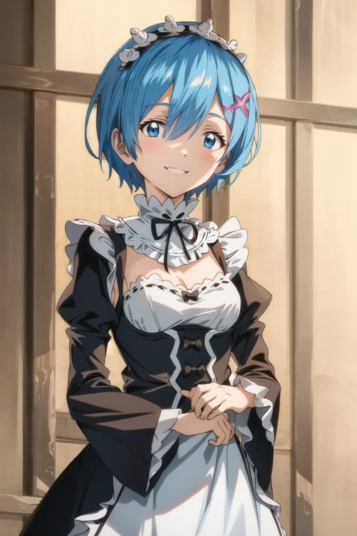 Rem Rezero, 1girl, Blue Hair, Short Hair, Blue Eyes, Maid, L...