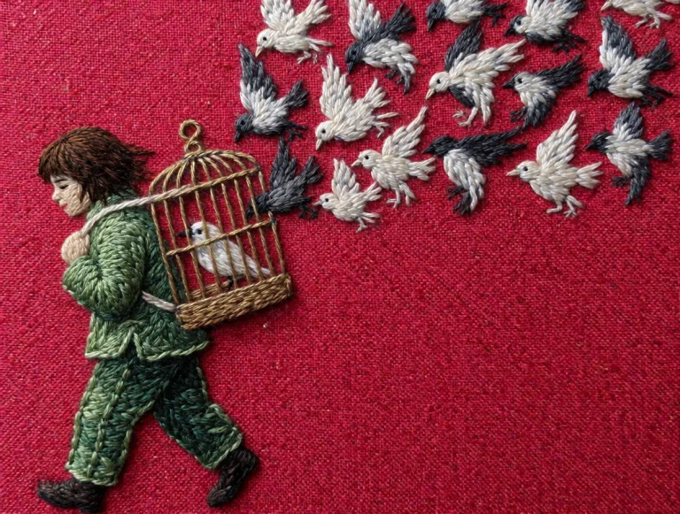 Hand-embroidered Artwork On Vibrant Crimson Woven Fabric. A...