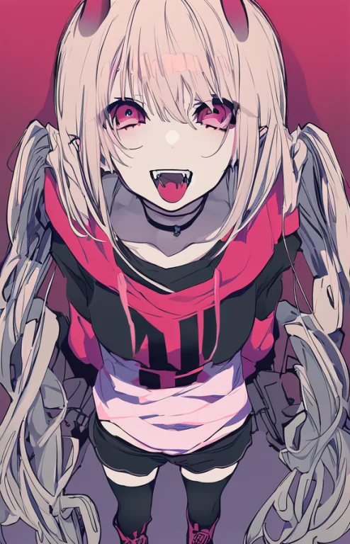 Mochizuki Kei, 1girl, Solo, Tshirt, Shorts, Sky, Fangs, Mast...