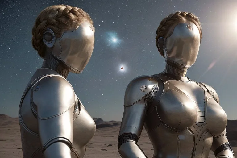 Full Shot Body Photo Of Two Android Women On The Moon, Maste...