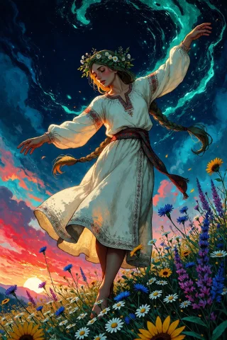 Illustration Of A Woman, Calm Kind Expression, Dancing On Su... — Stable Diffusion AI Prompt: illustration of a woman, calm kind expression, dancing on summer flower field, (...