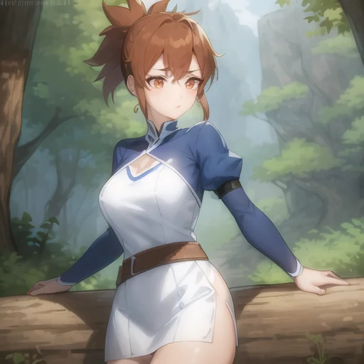 A Woman, Forest, Blue Sleeves And White Outfit. Short Ponyta...