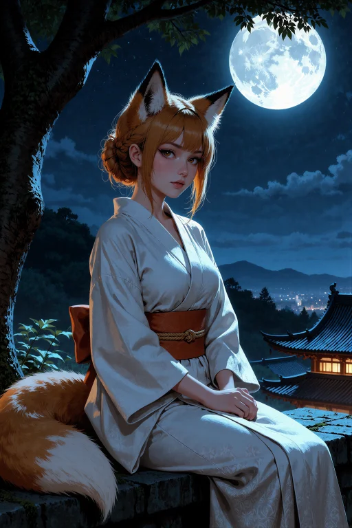 An Illustration Of A Young Kitsune Woman With Fox Ears And A...