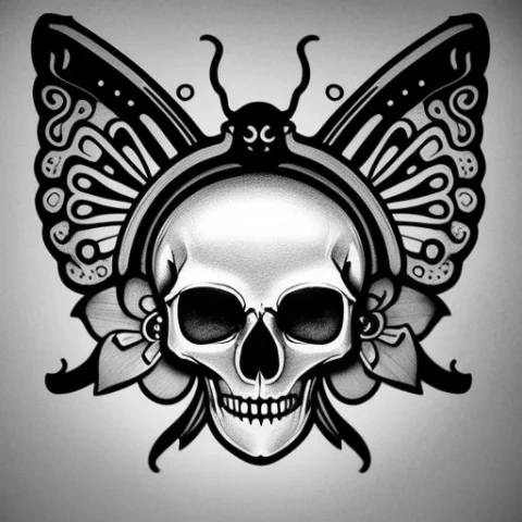Neotraditional Phantatt A Drawing Of A Skull With A Flower O... — Stable Diffusion AI Prompt: neotraditional phantatt a drawing of a skull with a flower on it's head and a bu...