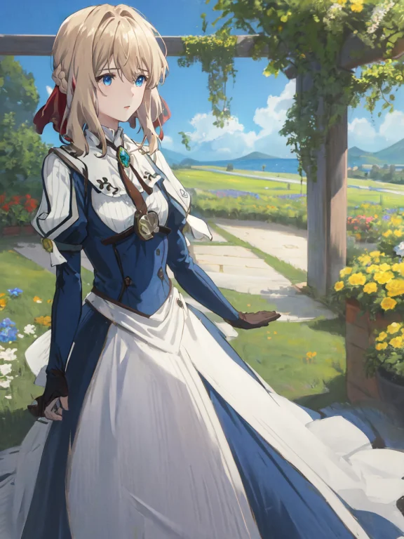 1girl, Sky, Depthoffield, Bluesky, Flower Field, Day,brooch,...