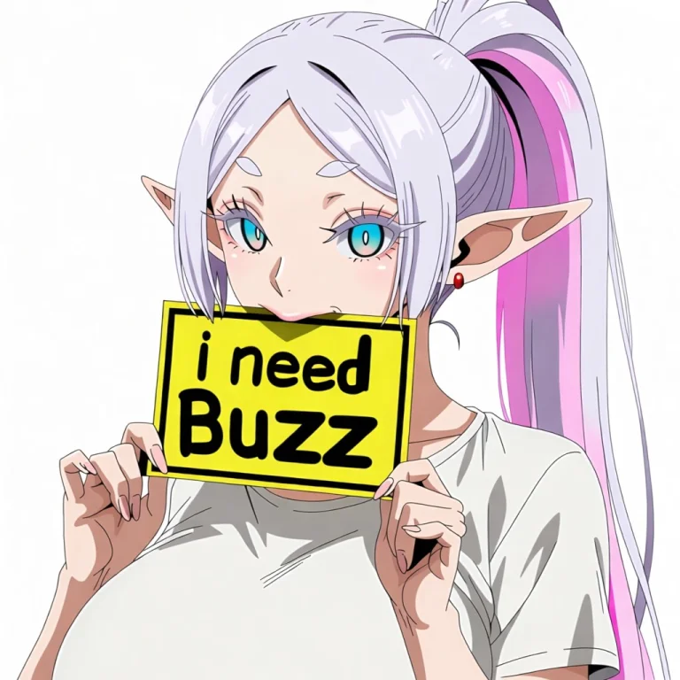 Long Pink Hair Elf Ponytail Holding I Need Buzz Sign