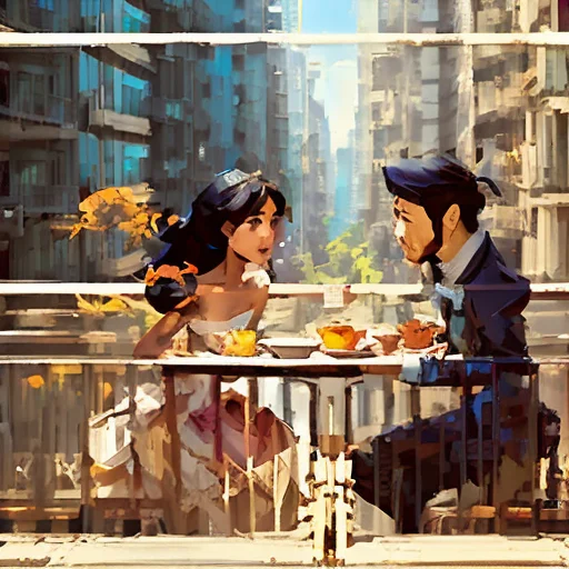 A Photo Of A Couple Having Breakfast On A Balcony In The Cit...