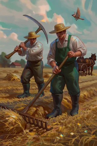 Two Farmers Work Side By Side In A Hayfield, One Swinging A... — Stable Diffusion AI Prompt: Two farmers work side by side in a hayfield, one swinging a scythe, the other ga...