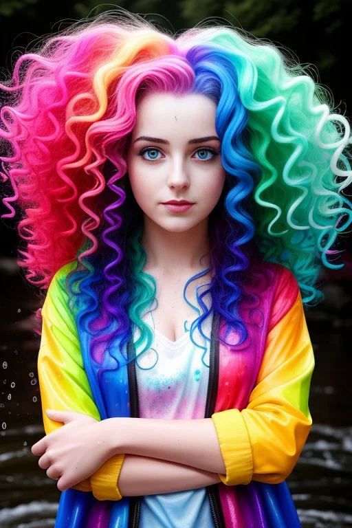 A Woman With Colorful Hair Standing In A Stream Of Water, Th...