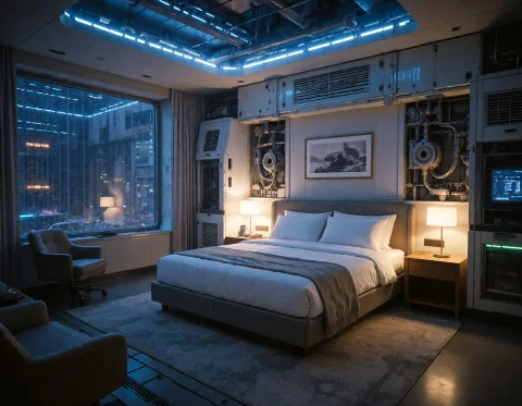Loratraining2617621-20260929140444642-wtin1 Z1os, Quiet Luxu... — Stable Diffusion AI Prompt: z1os, quiet luxury hotel room overlooking a futuristic city at night, elegant b...