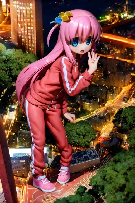 1girl, Solo, Tiltshift, City, Pink Hair, Pink Track Suit, Lo...